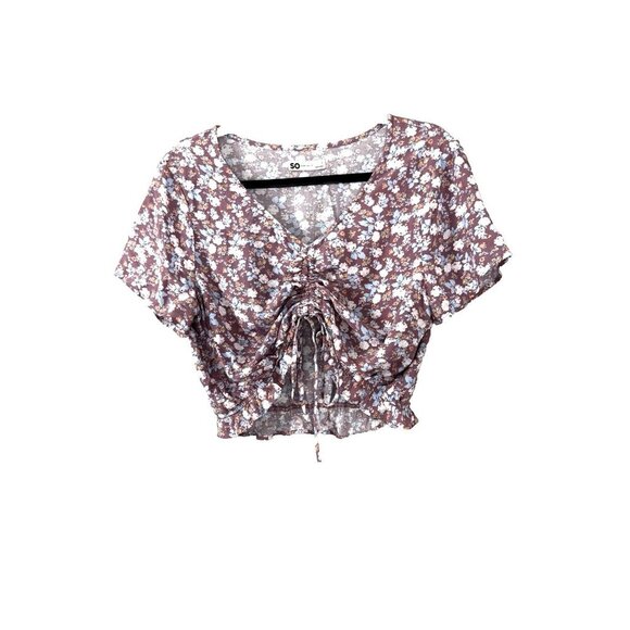 Y2K Floral L Crop Top Cottagecore Coquette Adjustable Ruched Hem Soft Girl Dream - Picture 2 of 8